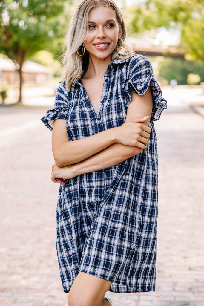 blue and white checkered dress Sweet Aspirations Navy Plaid Featuring an eye Coraline Mini Dress - Luxury gowns Sizes:7.5