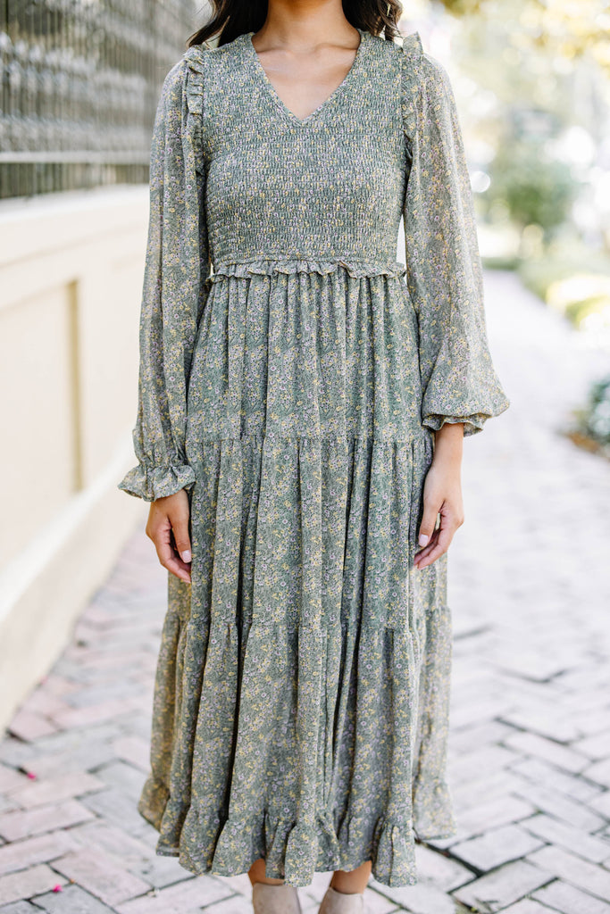 Feminine Dark Sage Green Ditsy Floral Midi Dress – Shop the Mint