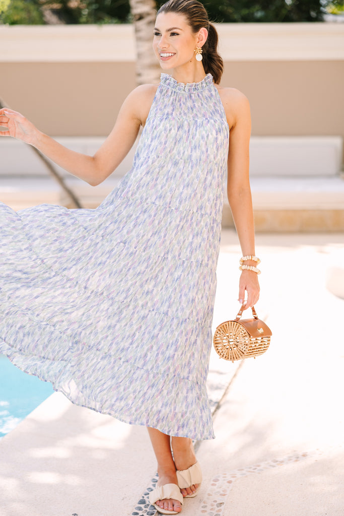 blue and white abstract dress Lovelo Off White Abstract Print Sleeveless Maxi Dress
