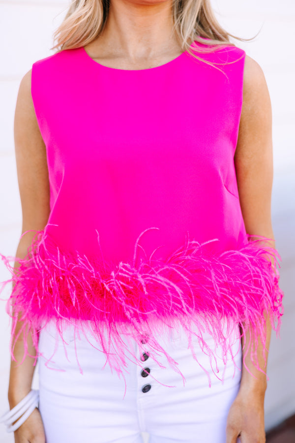 Be The Drama Hot Rose Feather Trim Blouse