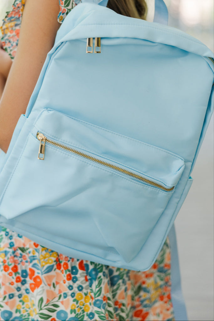blue leather backpack mini Easy Going Light Blue Varsity Backpack – Shop the Mint