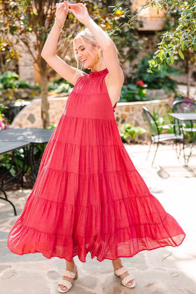 fitted lace wedding dress Alana Crimson Red Tiered Evening Maxi Dress M