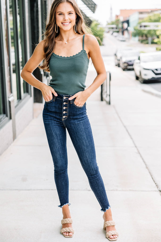 On My Way Out Jade Green Scalloped Tank  High waisted flares, Fashion,  Dramatic look