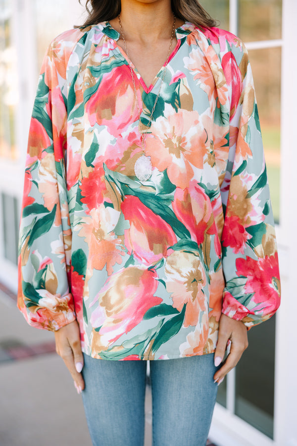 On Your Way Sage Green Floral L/S Blouse