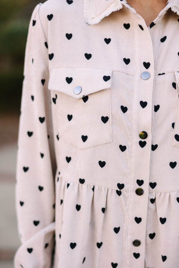 heart print dress, button down dress, valentine's day dress