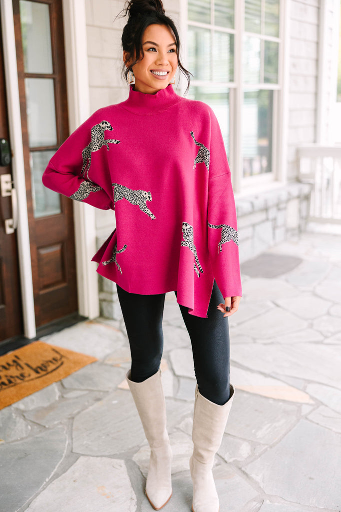 Cozy And Kind Cheetah Sweater In Hot Pink Curves • Impressions Online  Boutique