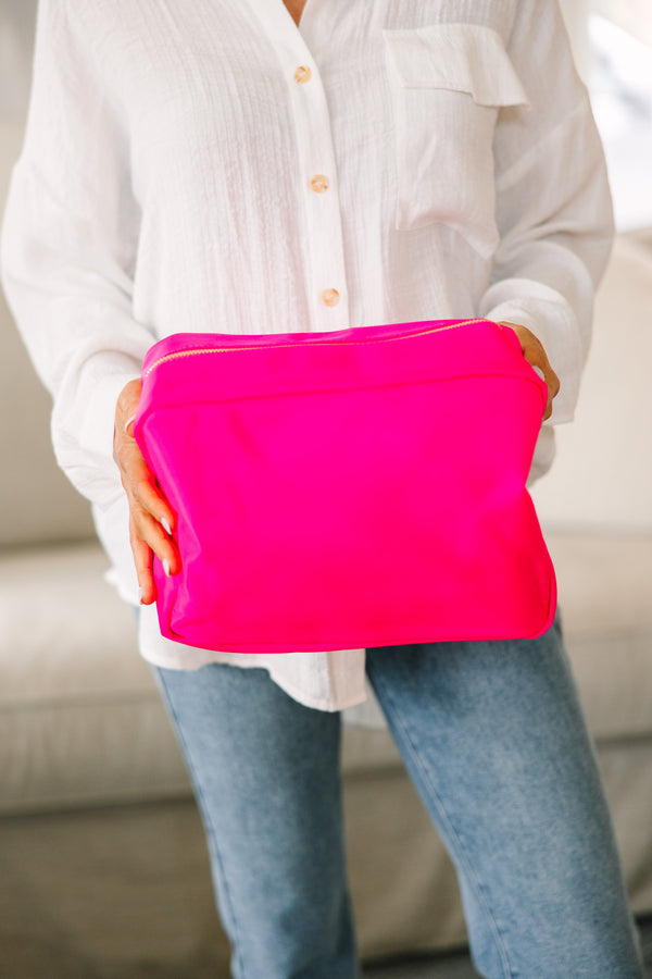 Let's Get Going Hot Pink Varsity Cosmetic Bag, X-Large