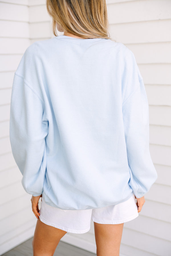blue sweatshirt, corded sweatshirt, causal sweatshirt