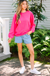Teach Fuchsia Pink Corded Embroidered Sweatshirt