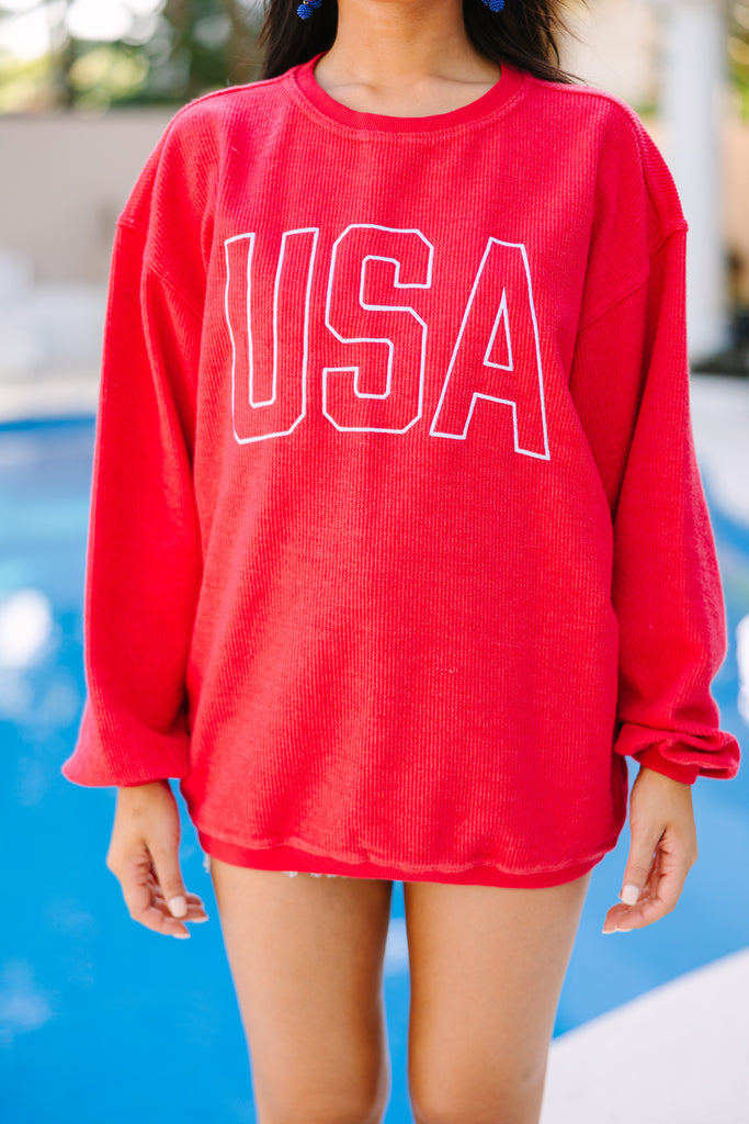 USA Red Embroidered Corded Sweatshirt – Shop the Mint