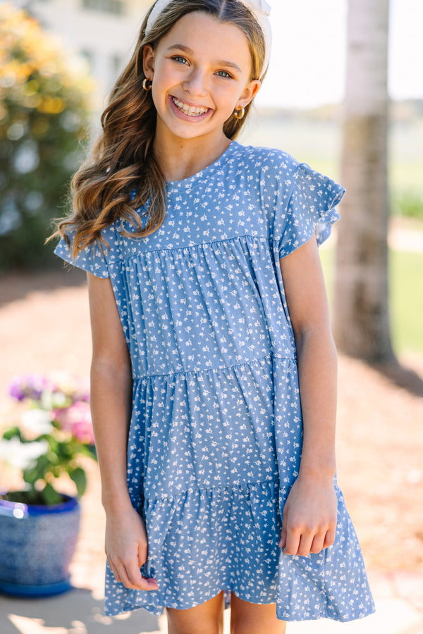 Girls: Along For The Ride Light Blue Ditsy Floral Babydoll Dress