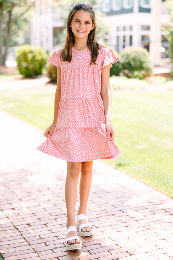 Girls: Along For The Ride Coral Pink Ditsy Floral Babydoll Dress