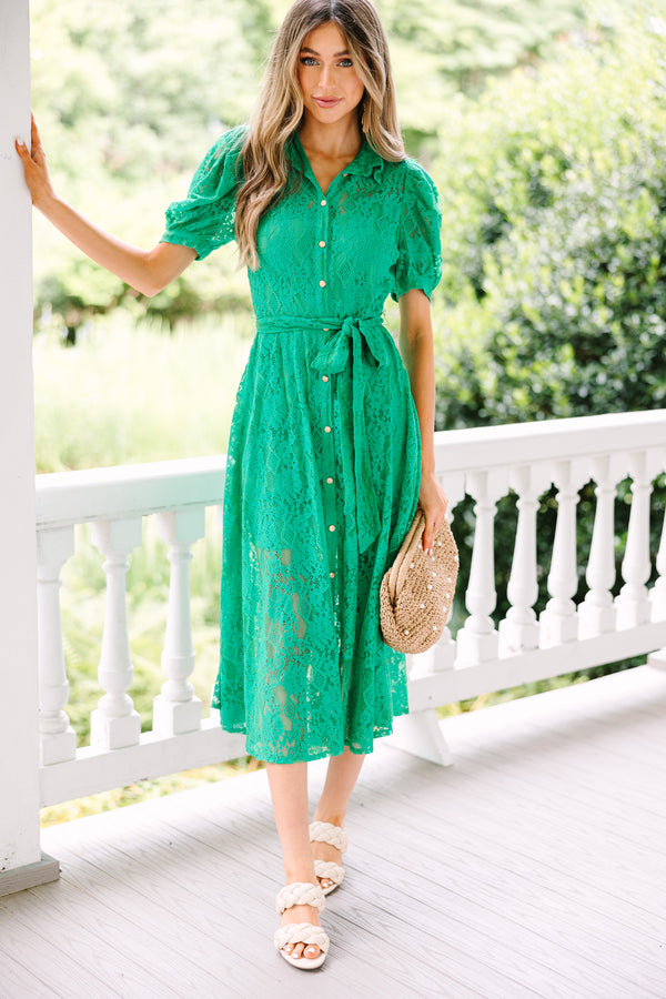 Right On Time Green Lace Midi Dress