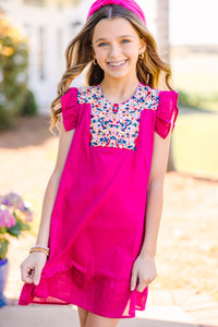 Girls: Be Seen Fuchsia Pink Embroidered Dress