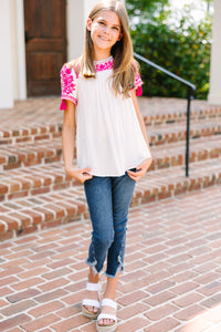 Girls: All The Info I Need Magenta Pink Embroidered Top