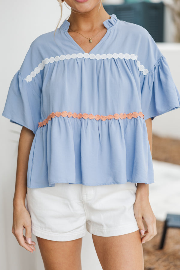 Just Can't Lose Light Blue Rickrack Blouse