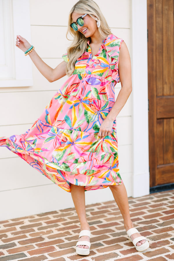 Sunny Summer Day Pink Floral Midi Dress