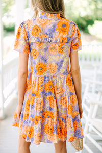 Orange and Purple Floral Dress, Short Sleeves Floral Dress, cute boutique dresses, cute floral dresses for women