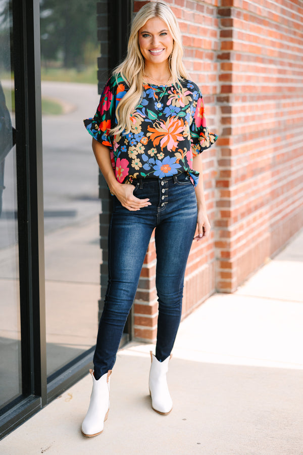 All I Ask Black And Red Floral Ruffled Top
