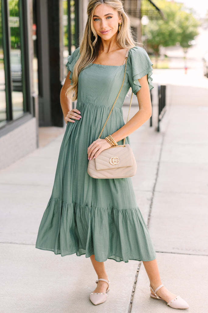 All Yours Deep Sage Green Ruffled Midi Dress – Shop the Mint