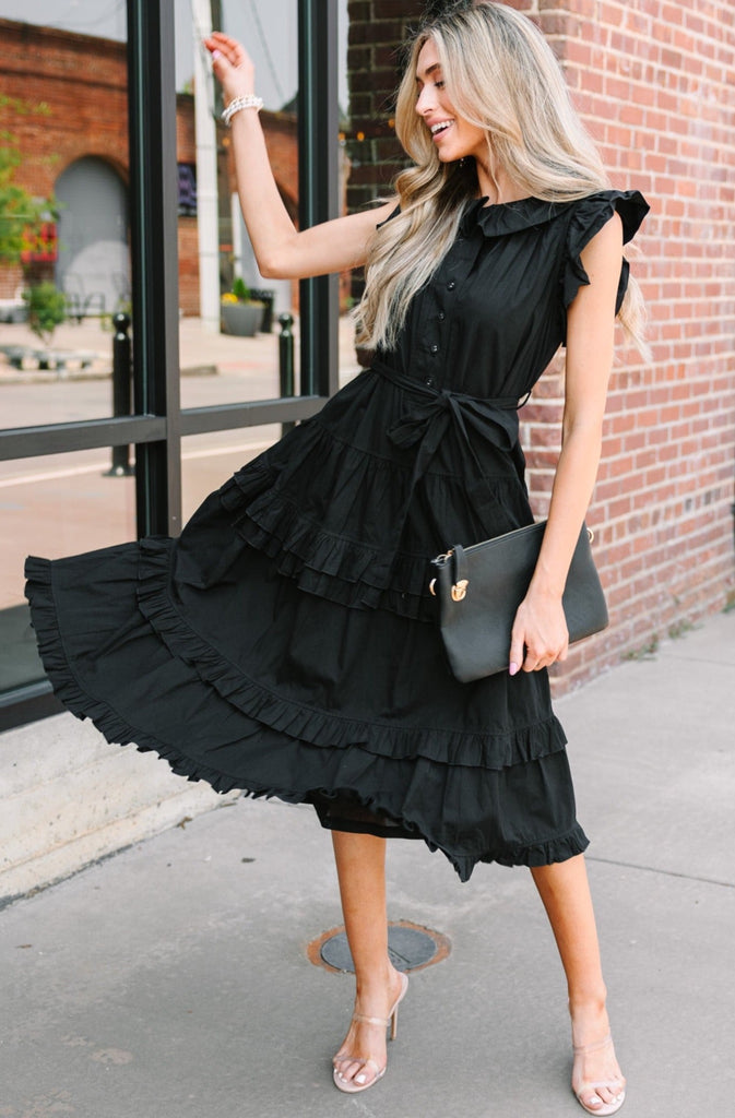 On The Verge Black Ruffled Midi Dress – Shop the Mint