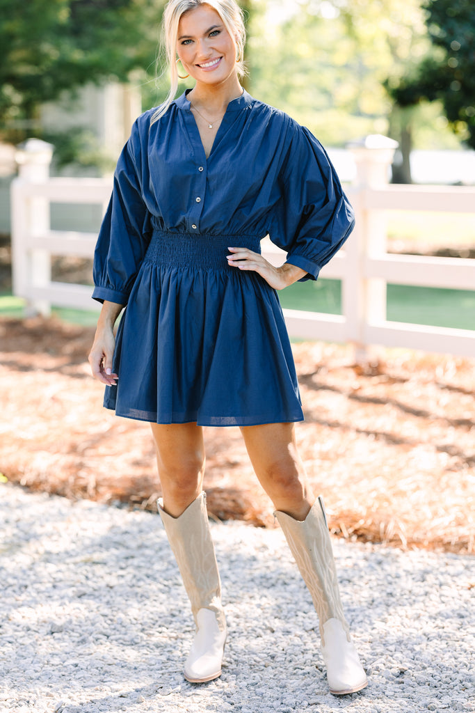 Pinch: Work For You Navy Blue Smocked Waist Dress Shop the Mint Pinch: Work For You Navy Blue Smocked Waist Dress Shop the Mint