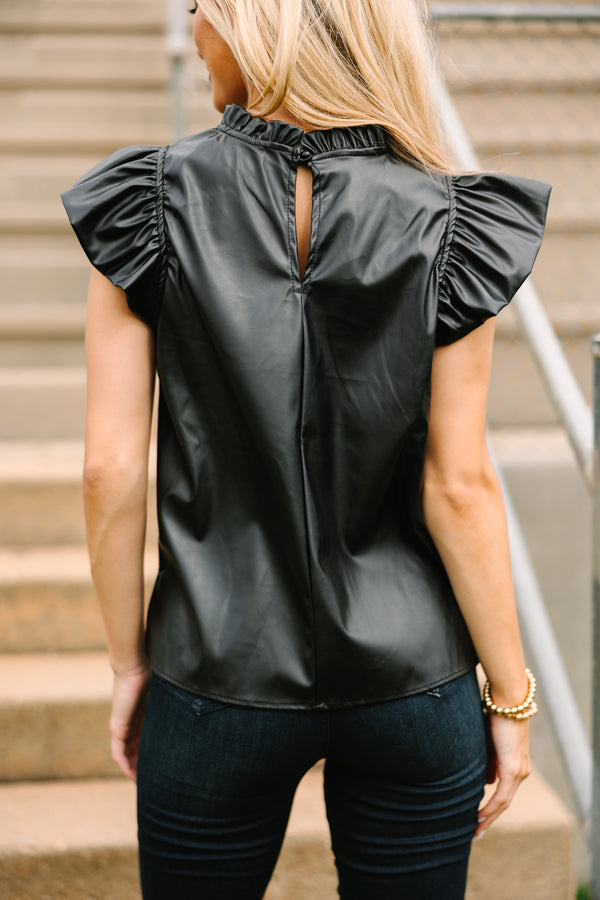 All About It Black Faux Leather Blouse