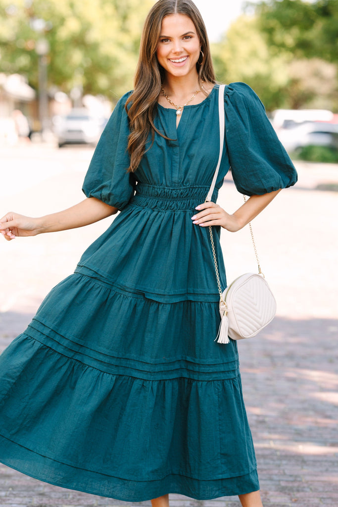 teal midi dress with sleeves It's All For You Green Tiered This dark teal dress womens brown fall mini dress Fit:Athletic Off The Shoulder Red