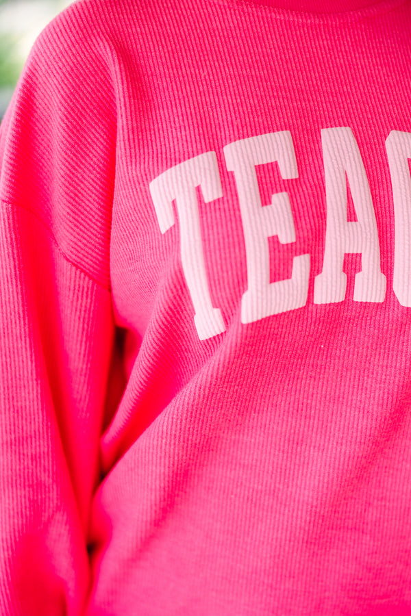 Teach Puff Vinyl Fuchsia Pink Graphic Corded Sweatshirt