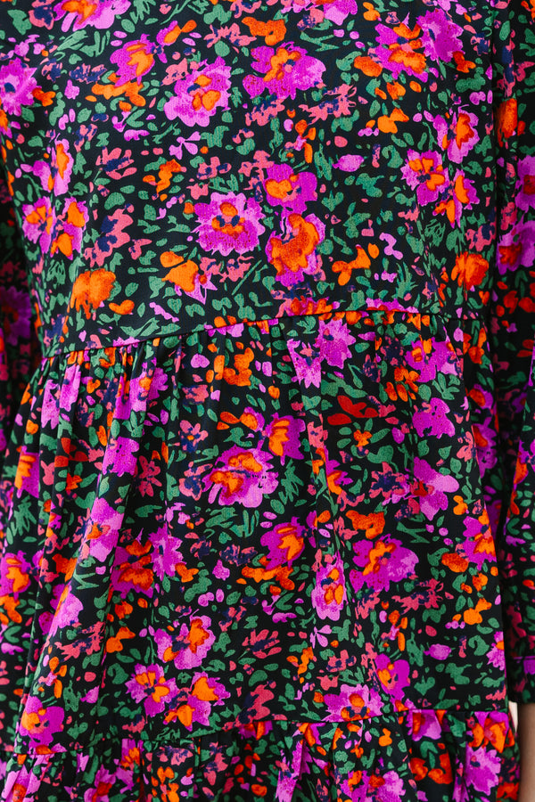 Girls: Can't Be Outdone Black and Fuchsia Ditsy Floral Dress