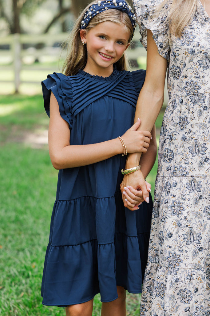 navy blue dress for teenage girl Girls: All About You Ruffled Dress, (7/8) - The Mint Julep Boutique trend red Size:XXL (US 14W-16W) Rich silky velvet feeling Eliza J 3D Appliqué
