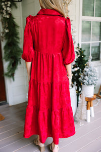 All The Love Dark Red Floral Satin Midi Dress