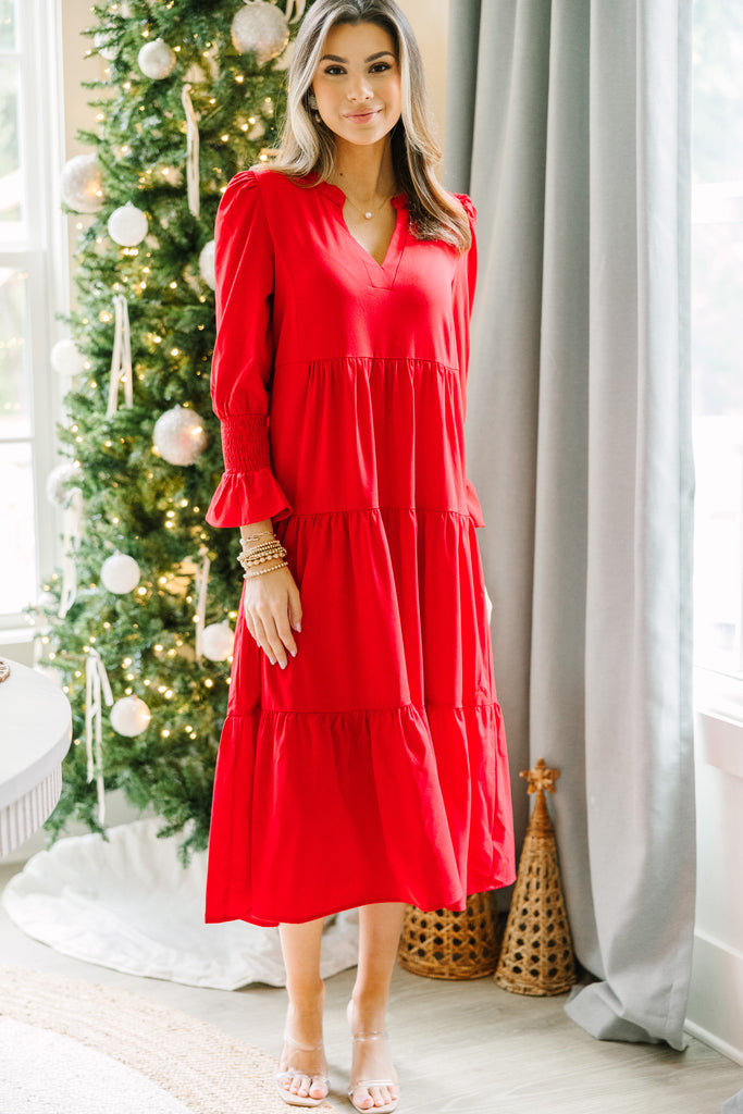 What A Surprise Red Ruffled Midi Dress – Shop the Mint