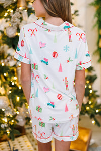 Girls: Staying In White Holiday Print S/S Pajama Set