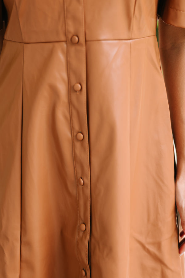 Take It As It Is Camel Brown Faux Leather Midi Dress