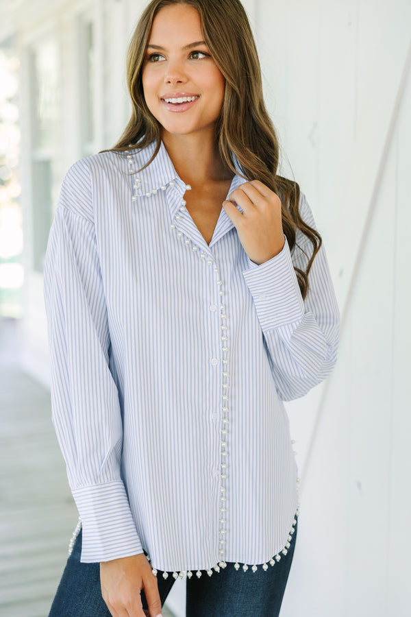 blue striped button down blouse. women's button down blouses, boutique blouses for women