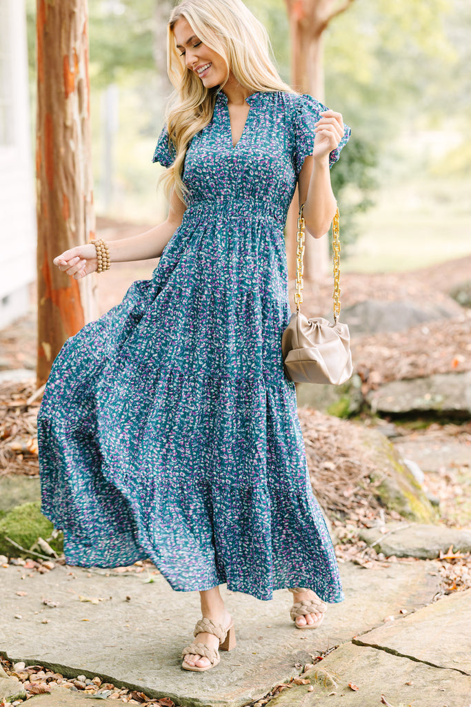 green emerald velvet dress No Introduction Green Multi Floral Print Satin One Shoulder Maxi Dress main image 1