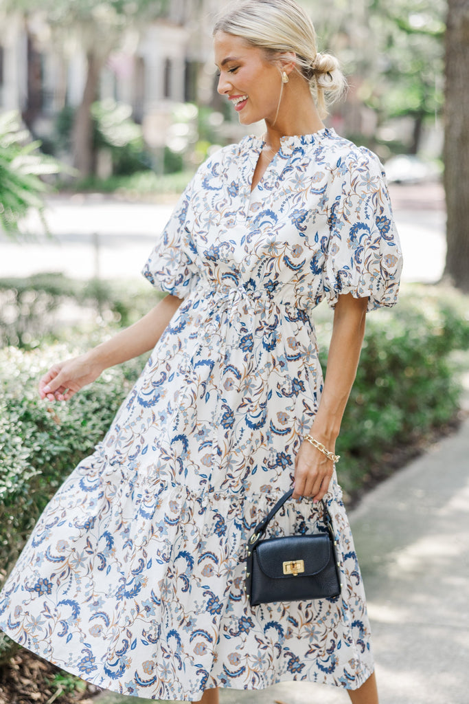 knee length dresses for ladies Square Neckline Puff Sleeve Cotton Floral Midi Dress main image 0