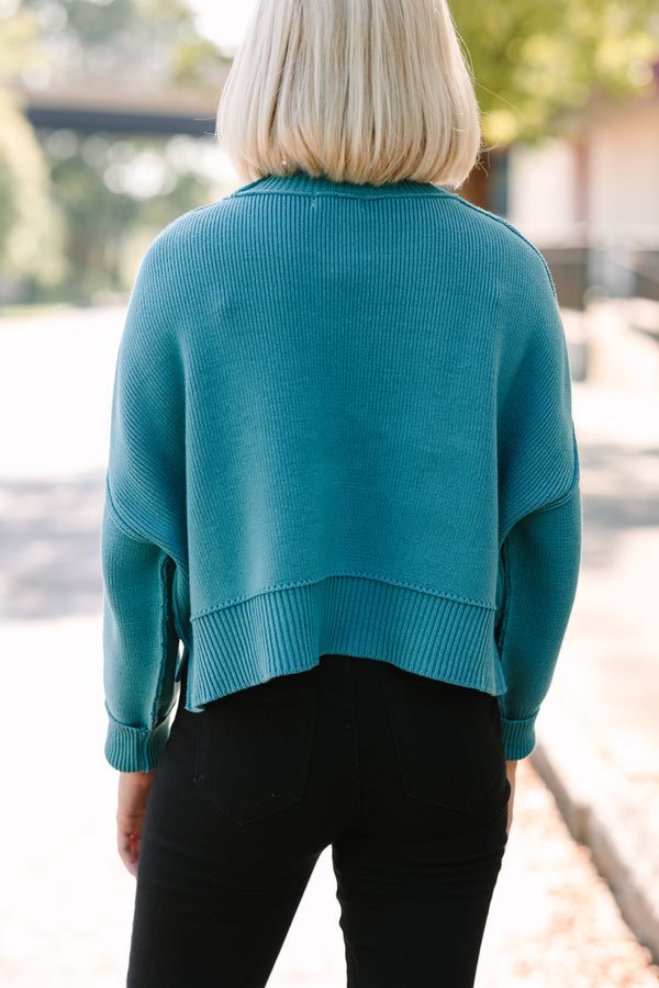 Where I Am Dusty Teal Blue Cropped Sweater