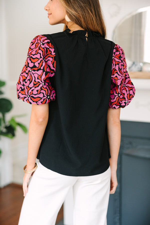 It's All For Fun Black Embroidered Sleeve Blouse