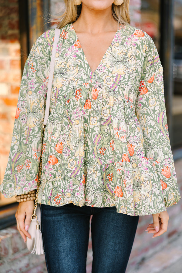 All For Love Olive Green Floral Blouse