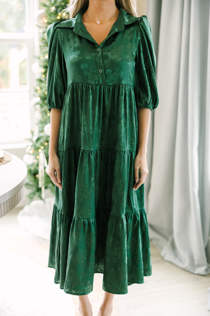 Romantic Love Green Floral Print Cold-Shoulder Midi Dress