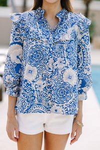 Keep It Up Blue Floral Ruffled Blouse