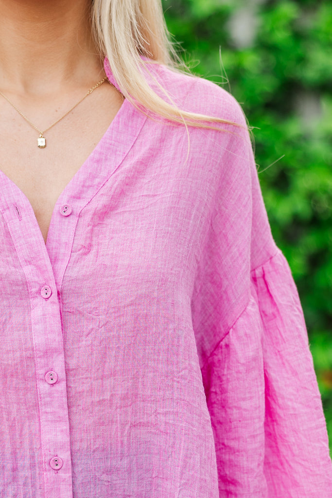 Short Puff Sleeve Cutout Neck Bubble Blouse in Pink