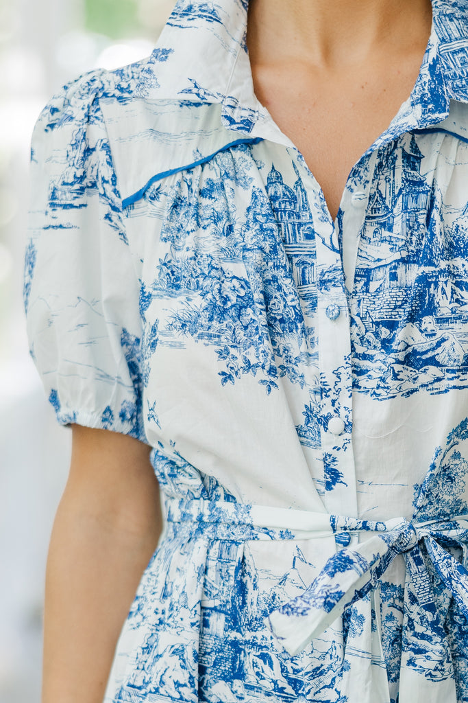Natural Beauty White & Blue Toile Dress Shop the Mint Natural Beauty White & Blue Toile Dress Shop the Mint