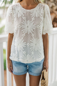 All In Favor Cream White Textured Floral Blouse