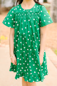 Girls: Lucky In Love Green Heart Print Dress