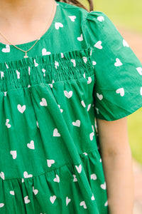 Girls: Lucky In Love Green Heart Print Dress