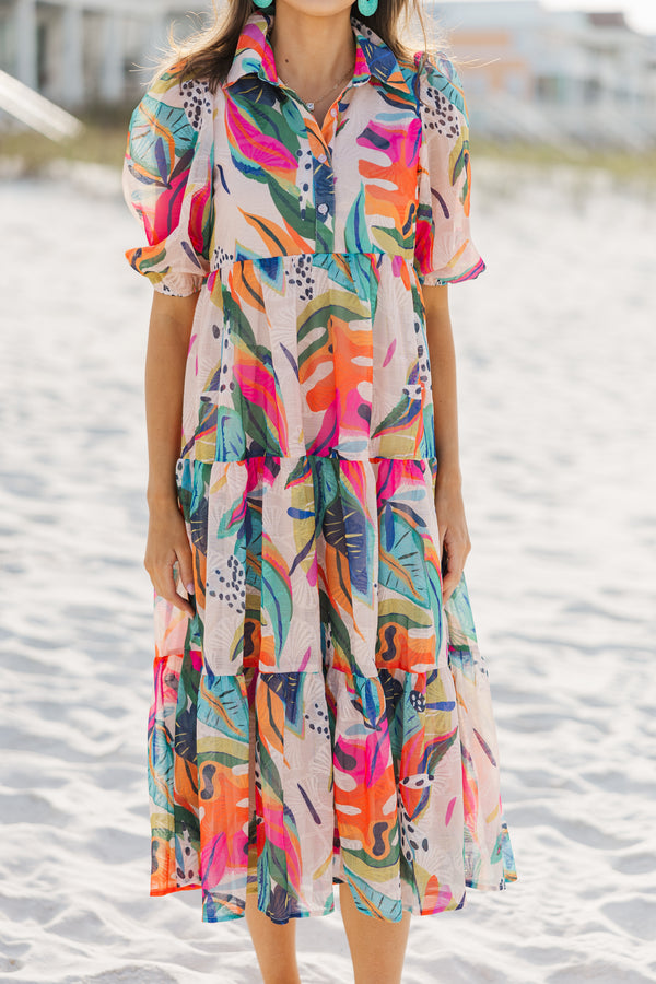 Looking For Fun Multi-Colored Tropical Midi Dress