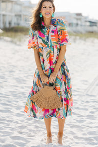Looking For Fun Multi-Colored Tropical Midi Dress